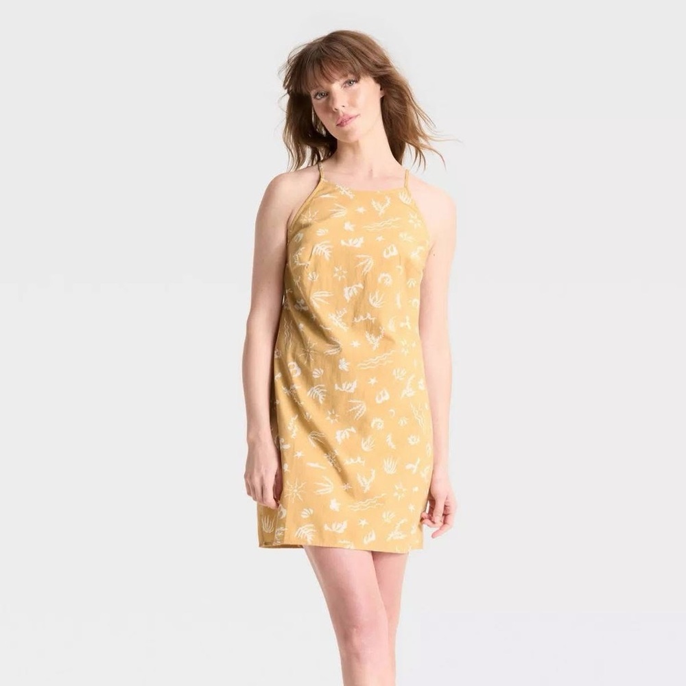 Tan Halter Mini Dress With SeaShell Print Backless Ties From A New Day